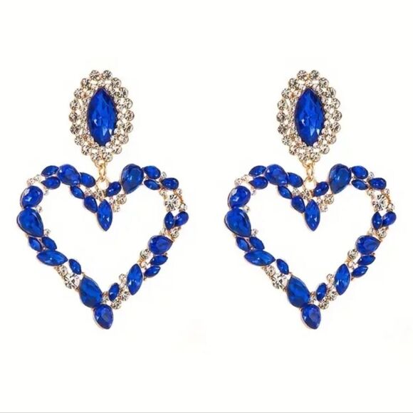 Large Blue & Clear Rhinestone Heart Hoop Earrings - Picture 1 of 2